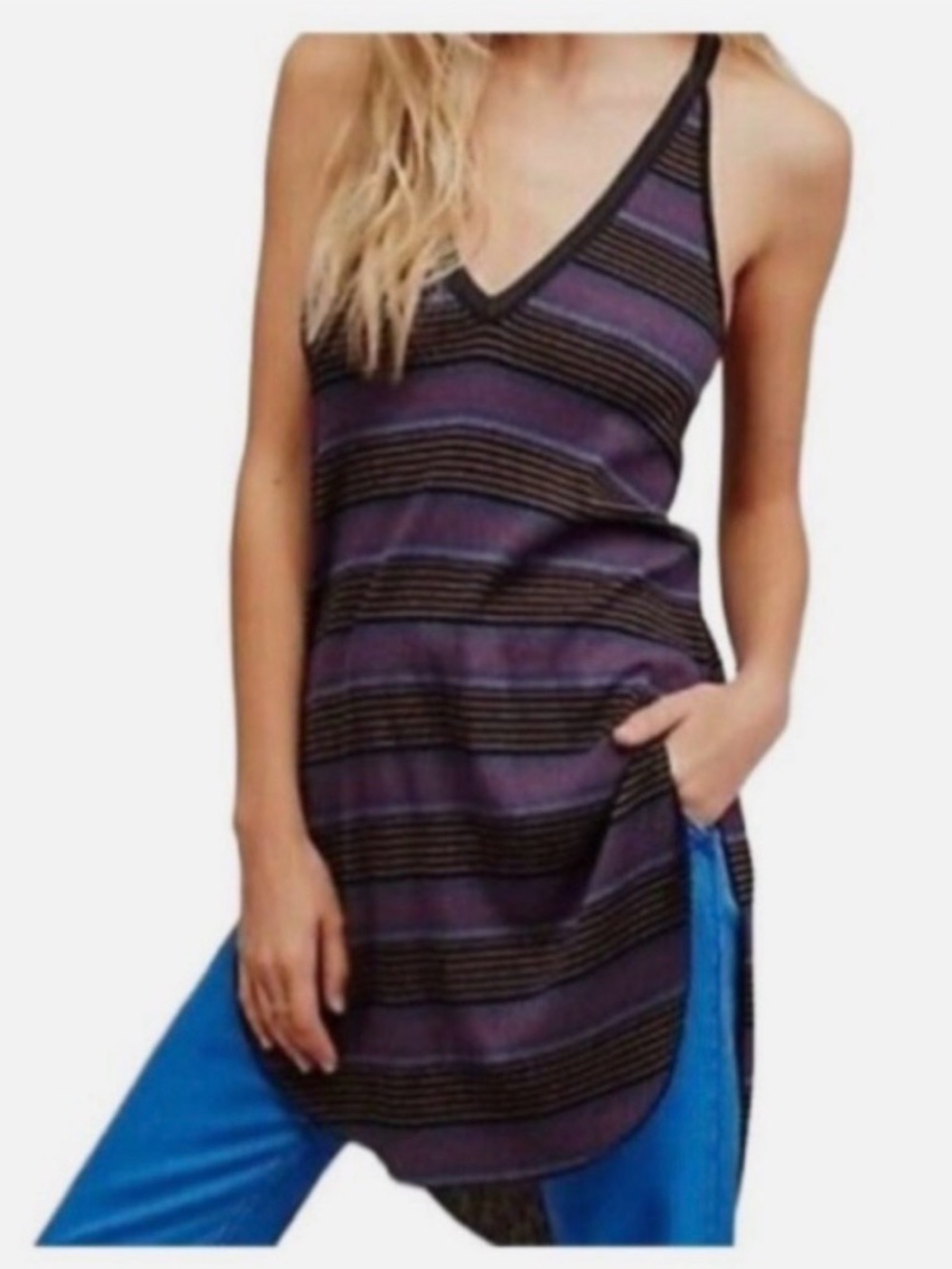 Free People We The Free Loui Striped Racerback Tunic Tank Top Large Black Purple